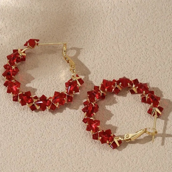 Elegant Red and Gold Hoop Earrings. Christmas Earrings. Holiday Gift - Picture 6 of 8